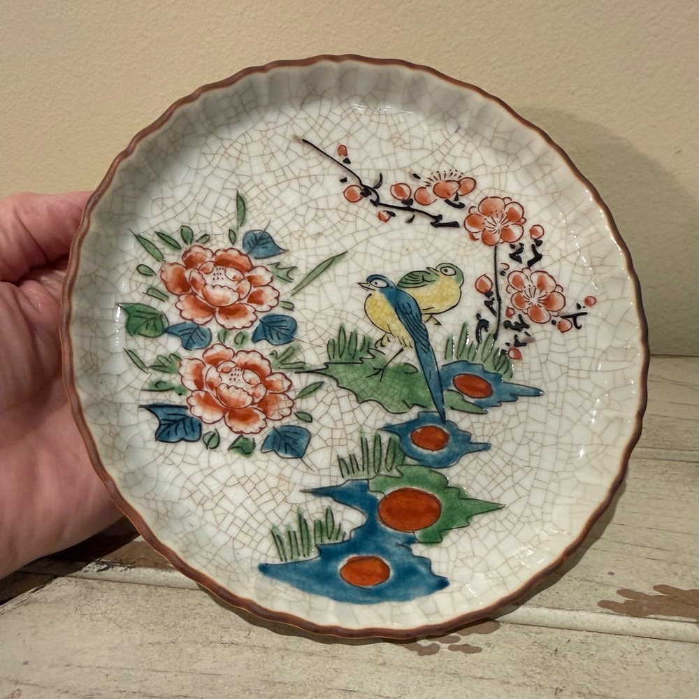 Vintage Japanese Crackle Glaze Hand-Painted Birds and Floral Dish